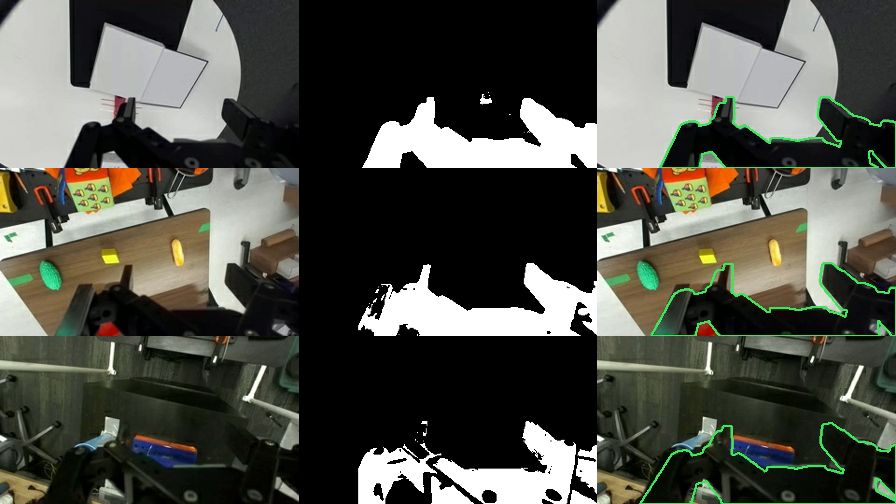 Three rows of wrist frame, pseudo-GT mask, and calibrated outline